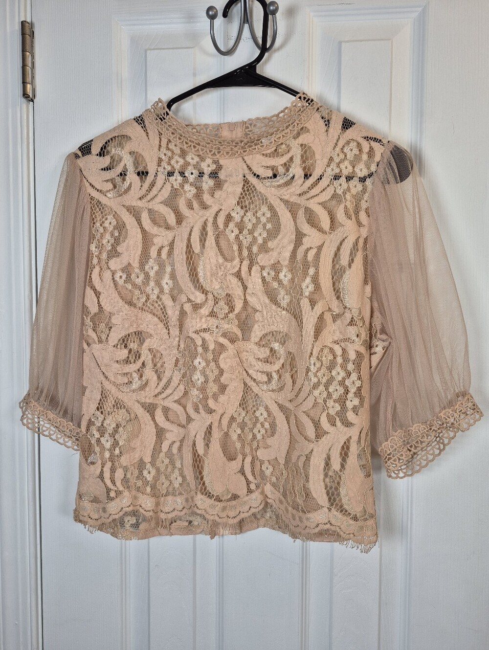 Peach Cream Crochet Lace Mock Neck Top Large Coquette Cottagecore Puff Sleeve